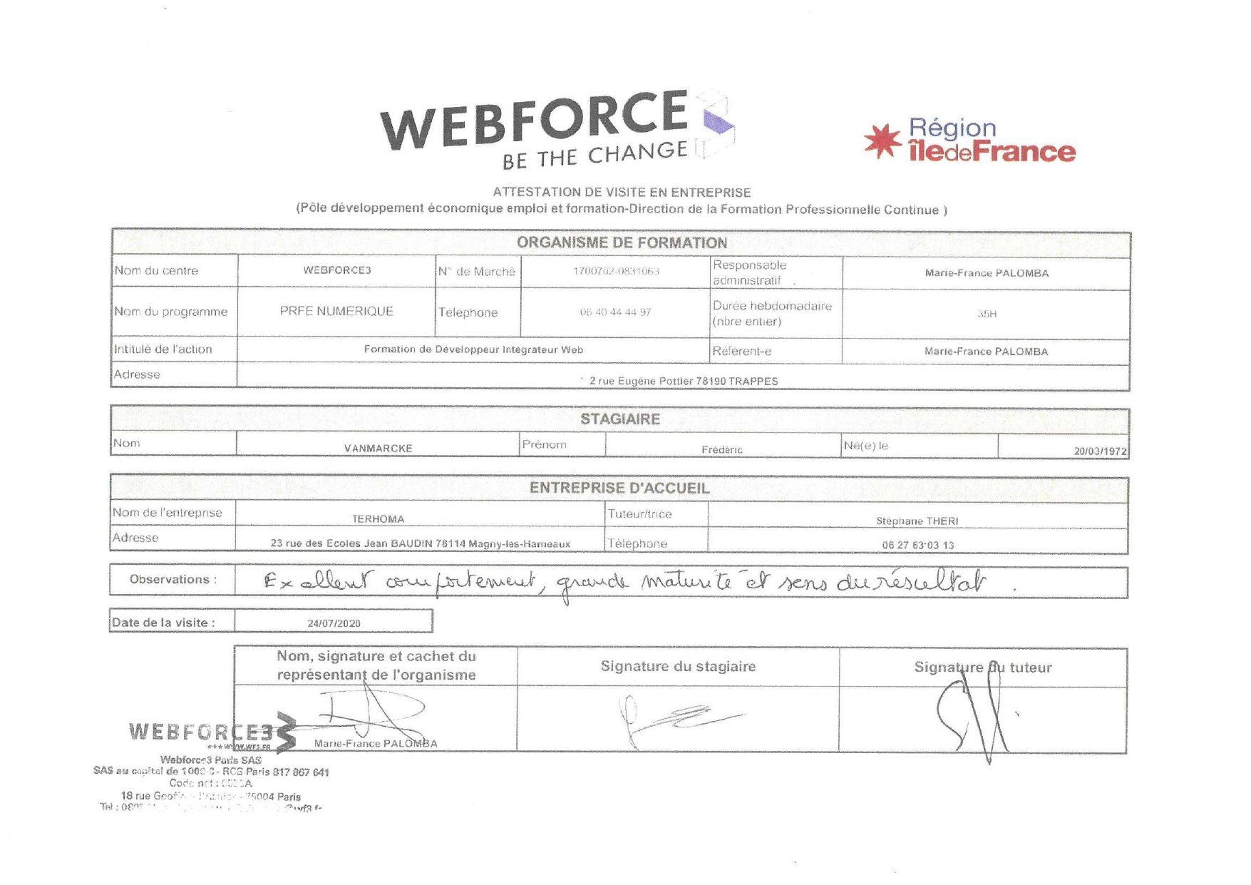 Attestation de fin de stage Web Force 3